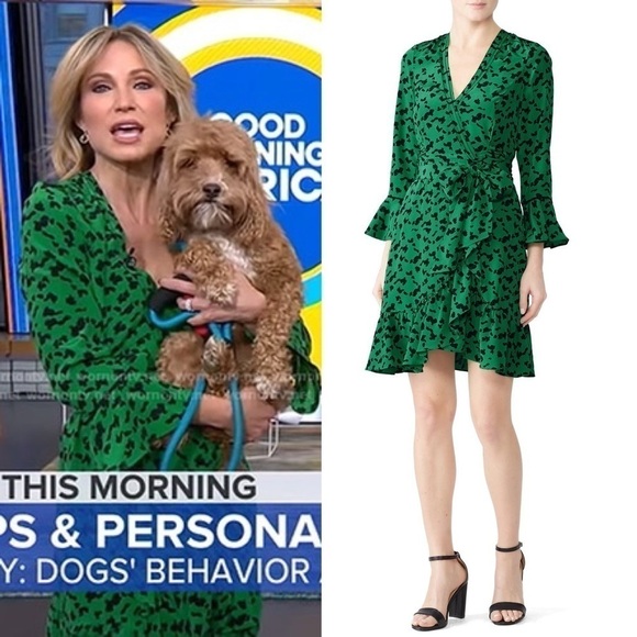 TANYA TAYLOR Wrap Dress Green Silk Leopard Print Ruffle Trim 3/4 Long Sleeves 4 - Picture 9 of 12